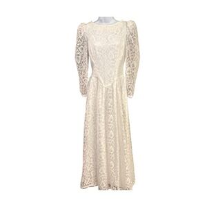 Vintage 1980 White Lace Maxi Dress Long Sleeve Boho Cottagecore Bridal Fairycore